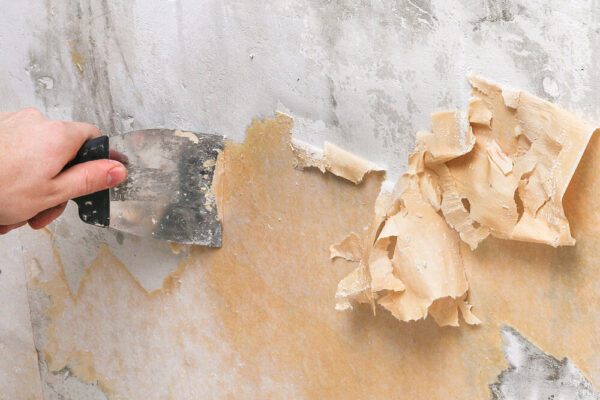A man removes old wallpaper with a spatula and spray bottle with water.